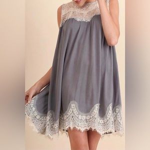 Umgee Boho Sleeveless Dress/Tunic, Lace Detail, Blue/Gray Women’s Size Medium
